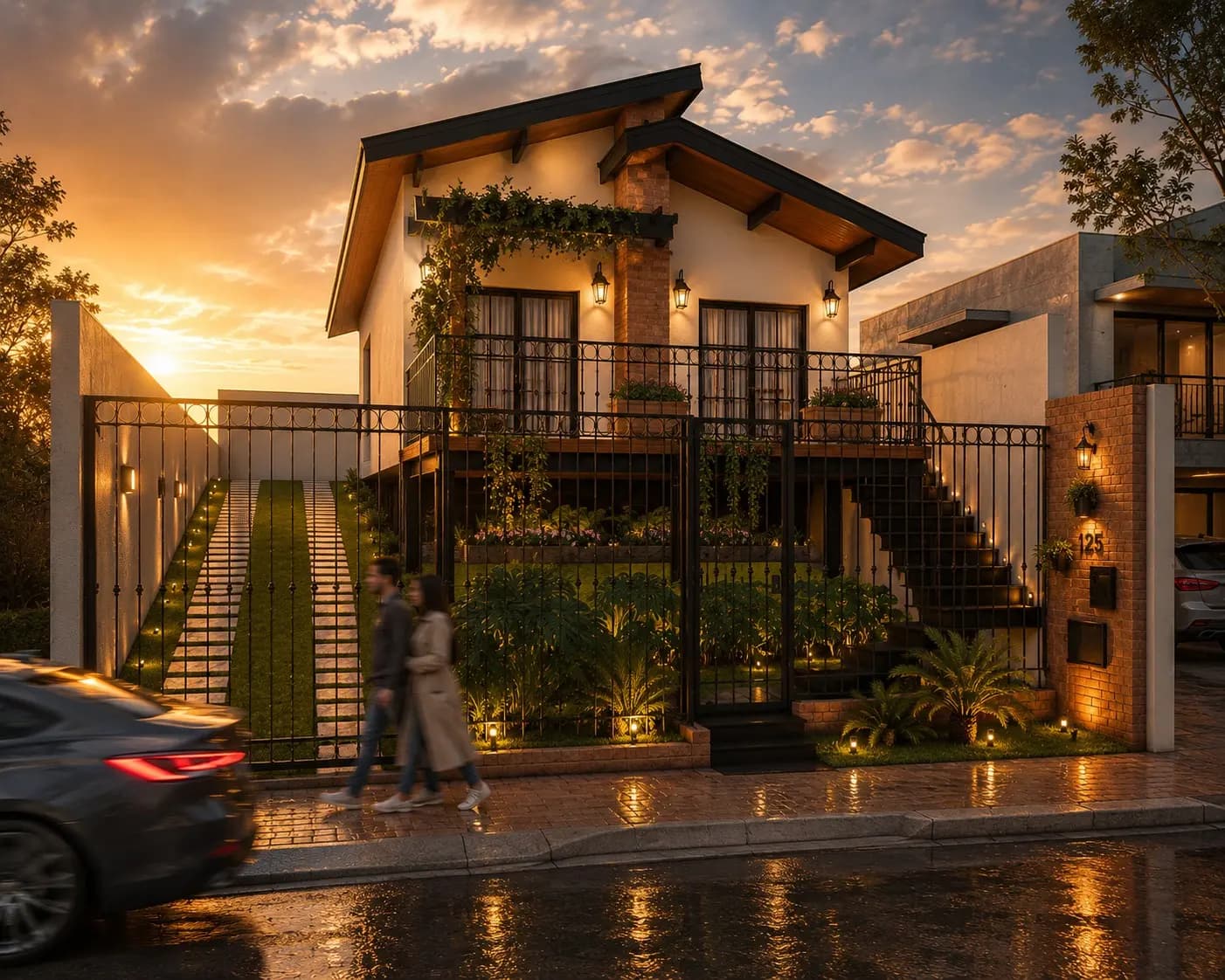 Fachada ao entardecer, acesso · Casa Portal do Vale, residencial da Lares Arquitetura e Interiores em Uberlândia, MG