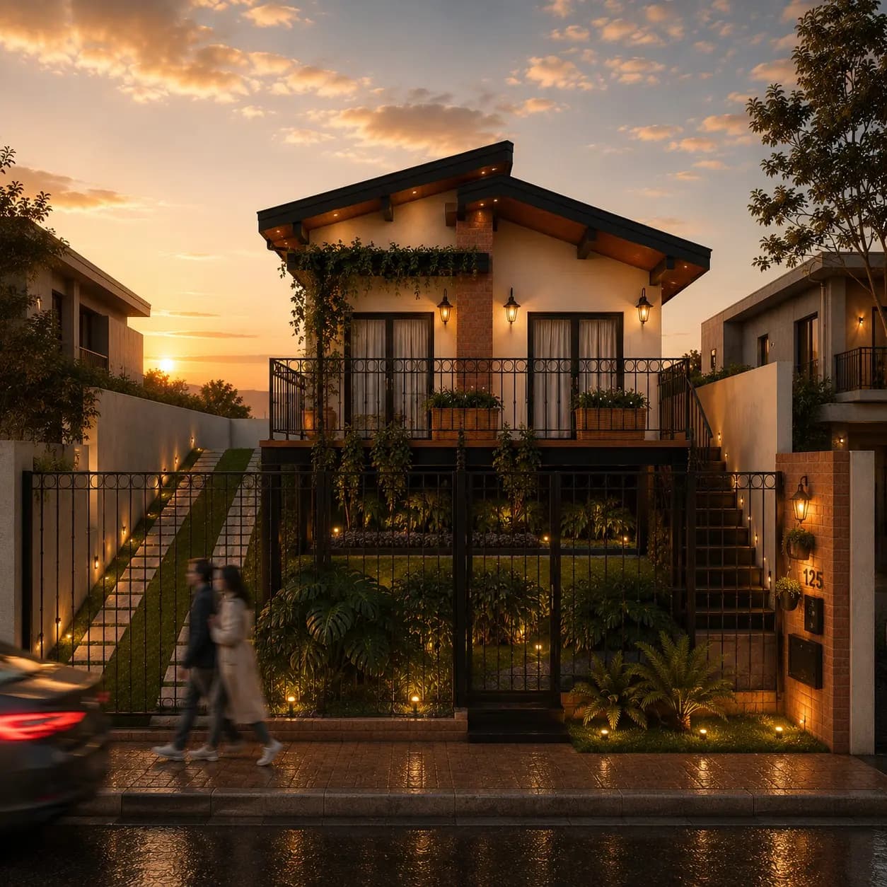 Fachada ao entardecer · Casa Portal do Vale, residencial da Lares Arquitetura e Interiores em Uberlândia, MG