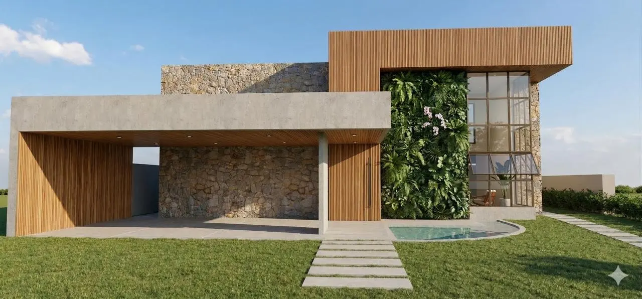 Fachada, parede verde e espelho d'água · Casa Condomínio Hamoa, residencial da Lares Arquitetura e Interiores em Uberlândia, MG
