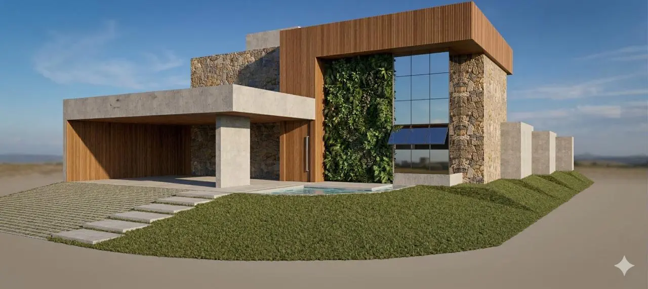 Fachada, garagem e piso drenante · Casa Condomínio Hamoa, residencial da Lares Arquitetura e Interiores em Uberlândia, MG
