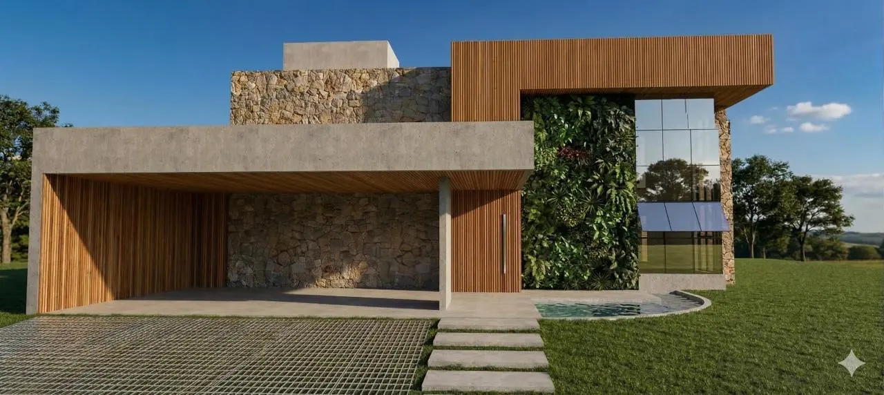 Fachada, acesso em piso drenante · Casa Condomínio Hamoa, residencial da Lares Arquitetura e Interiores em Uberlândia, MG