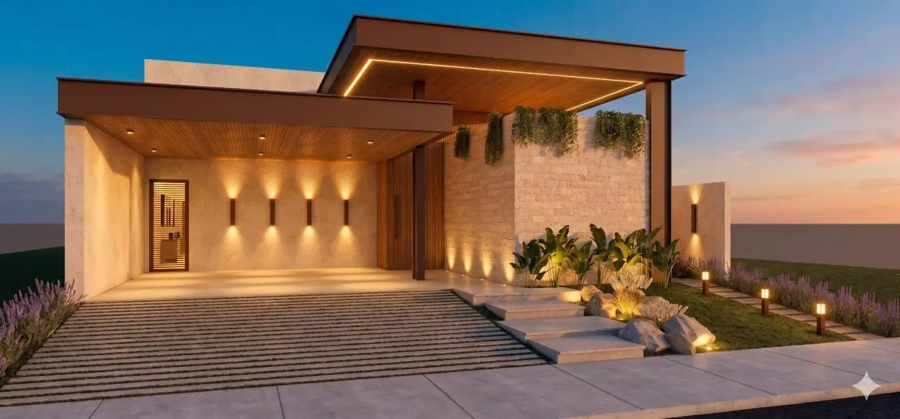 Fachada ao entardecer · Casa Condomínio Tamboré, residencial da Lares Arquitetura e Interiores em Uberlândia, MG