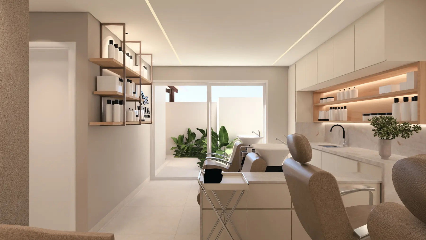 Lavagem, área de luz com jardim · Salão de Beleza · Cidade Jardim, comercial da Lares Arquitetura e Interiores em Uberlândia, MG