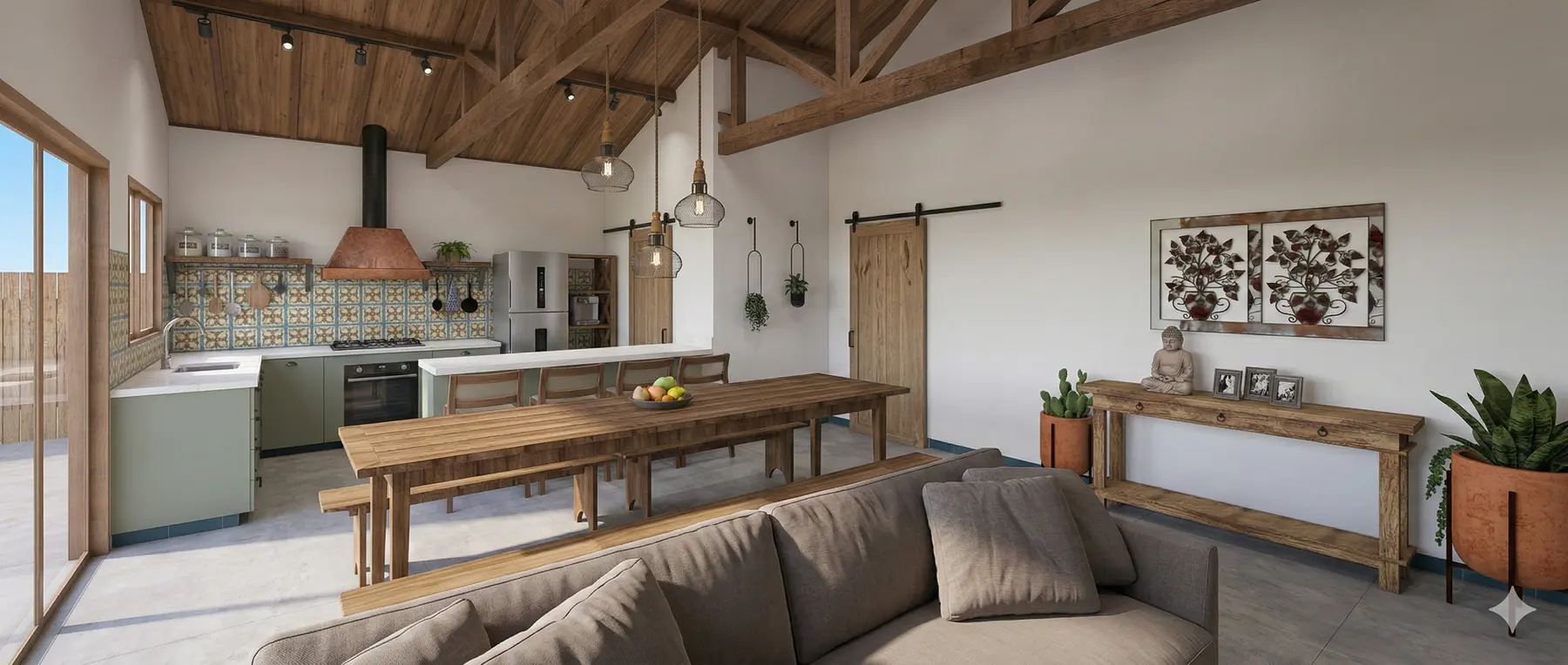 Sede cozinha e salas · Sede na Serra, rural da Lares Arquitetura e Interiores em Minas Gerais