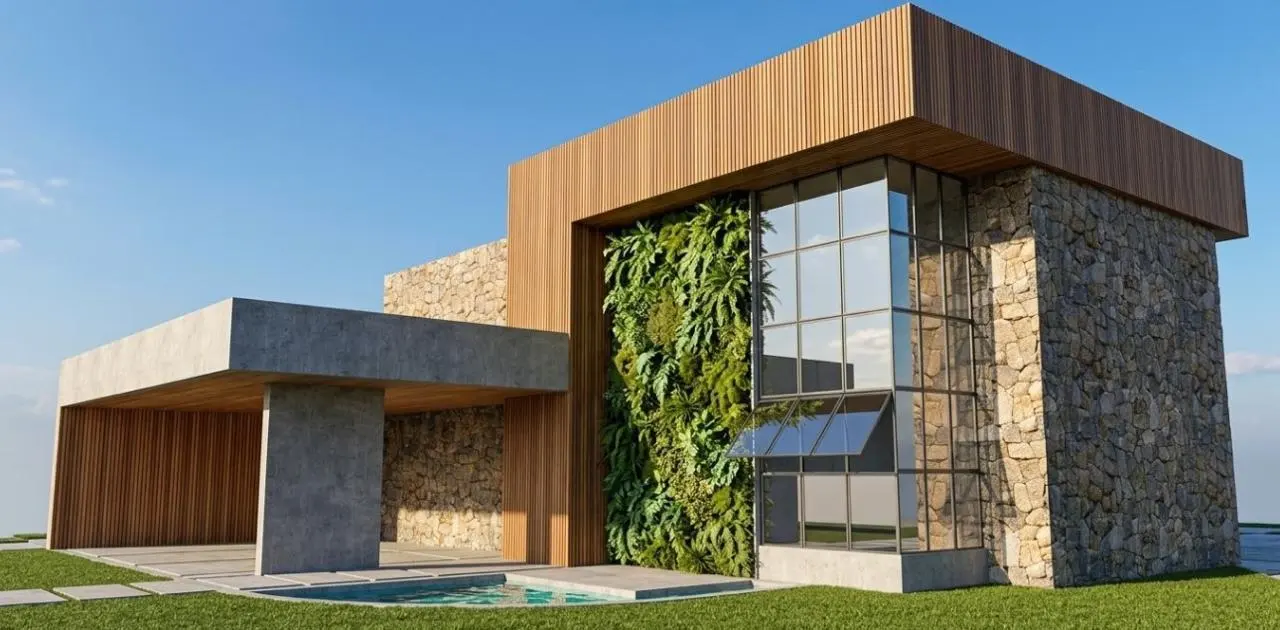 Casa Condomínio Hamoa · Fachada, volume em pedra e ripado, projeto da Lares Arquitetura e Interiores em Uberlândia, MG