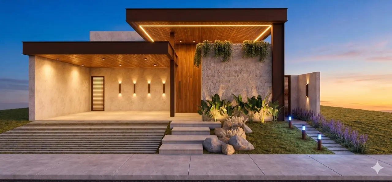 Casa Condomínio Tamboré · Fachada ao entardecer, pergolado, projeto da Lares Arquitetura e Interiores em Uberlândia, MG