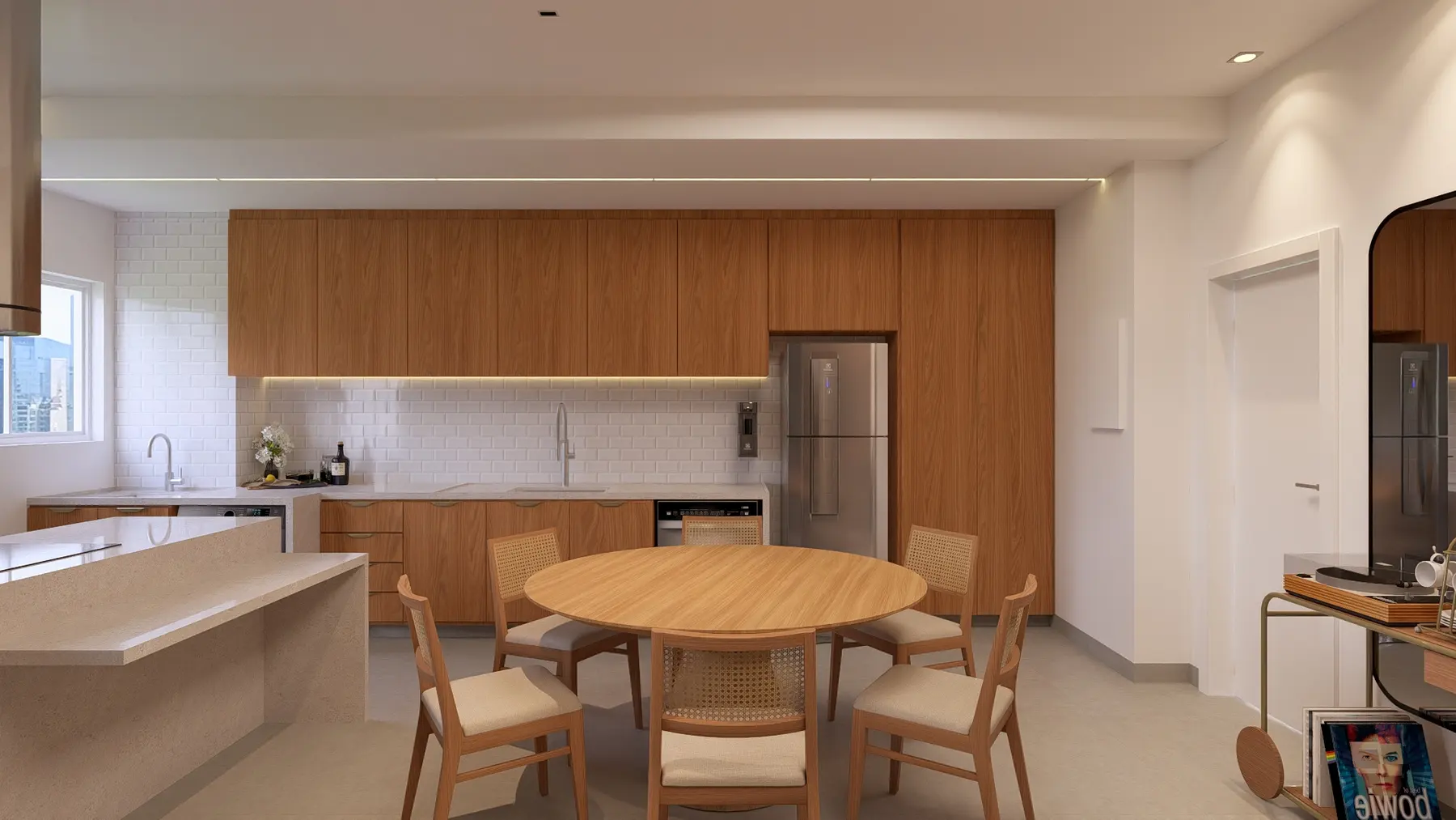 Cozinha integrada à mesa de jantar, no padrão de acabamento Lares