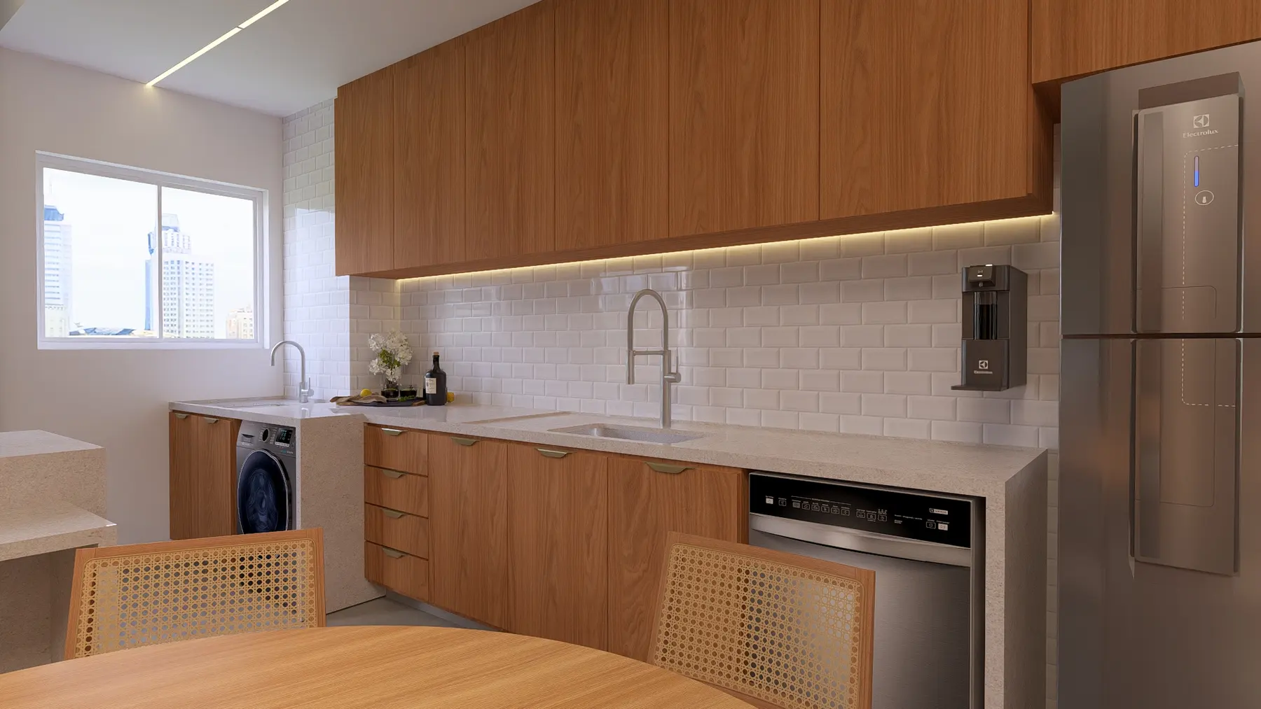 Cozinha compacta e funcional, no padrão de acabamento Lares, com vista para a cidade