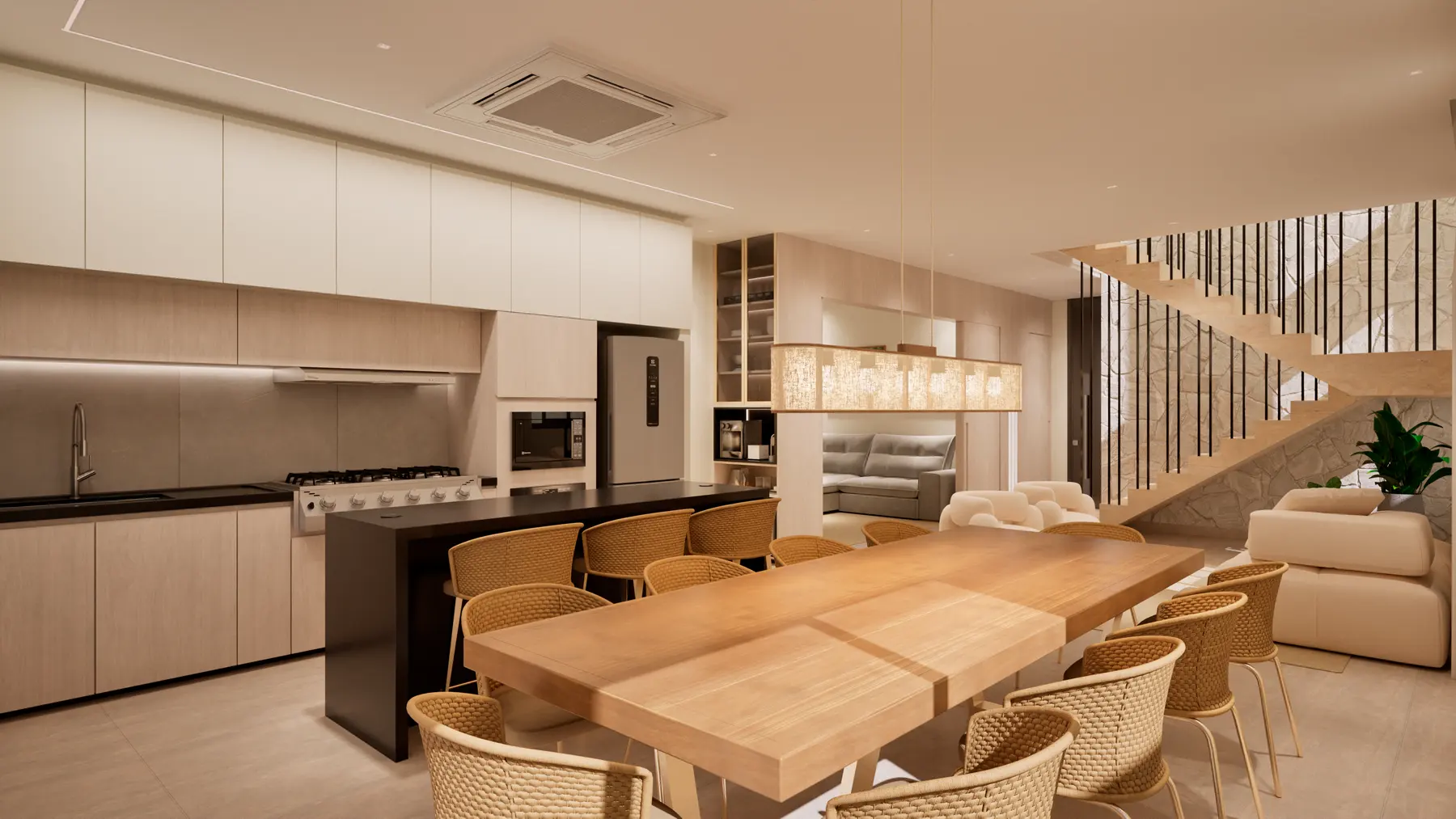 Casa Condomínio Esplendido · Sala cozinha, projeto da Lares Arquitetura e Interiores em Uberlândia, MG